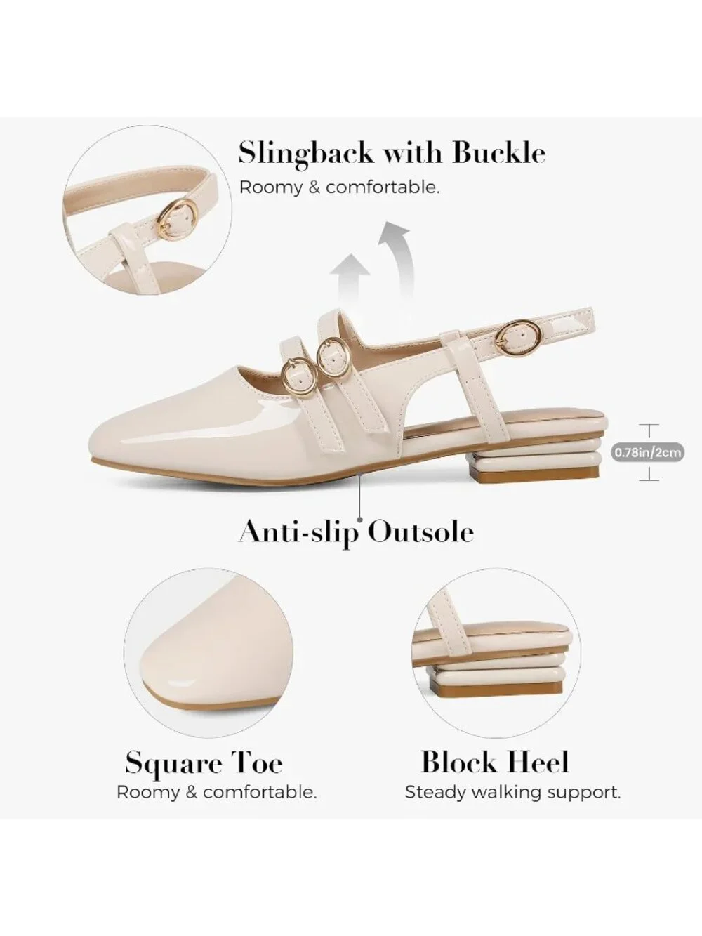 Women's Apricot Faux Leather Closed Square Toe Strap Slingback Low Heels Pumps